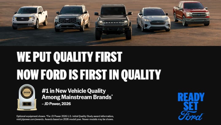 Ford vehicle lineup displayed together on an open road.